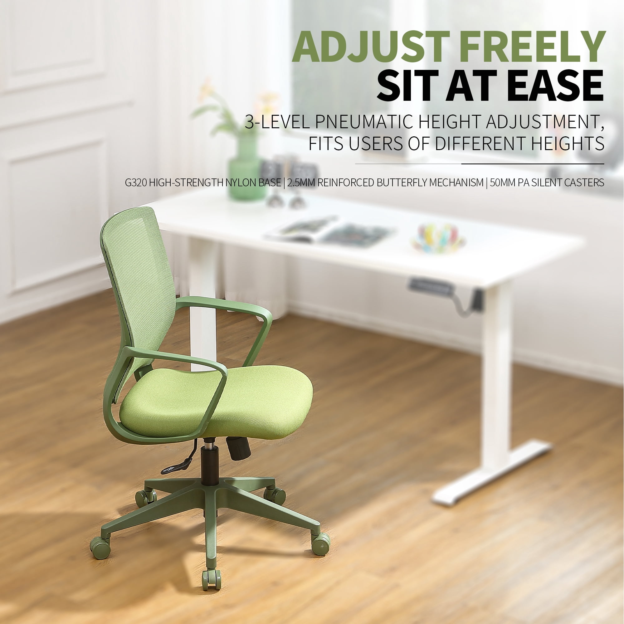 Colorful Office Task Chair 350LBS, Home Office, Mesh Back,Comfortable Sitting, Fixed Armrest, Swivel, Height Adjustable Chair (Green)