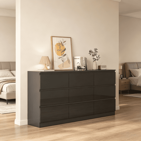 JassmiPkwy Black Dresser with 9 Drawers, Modern Long Dresser for Bedroom, Wood Chest of Drawers with Ample Storage for Living Room-Black