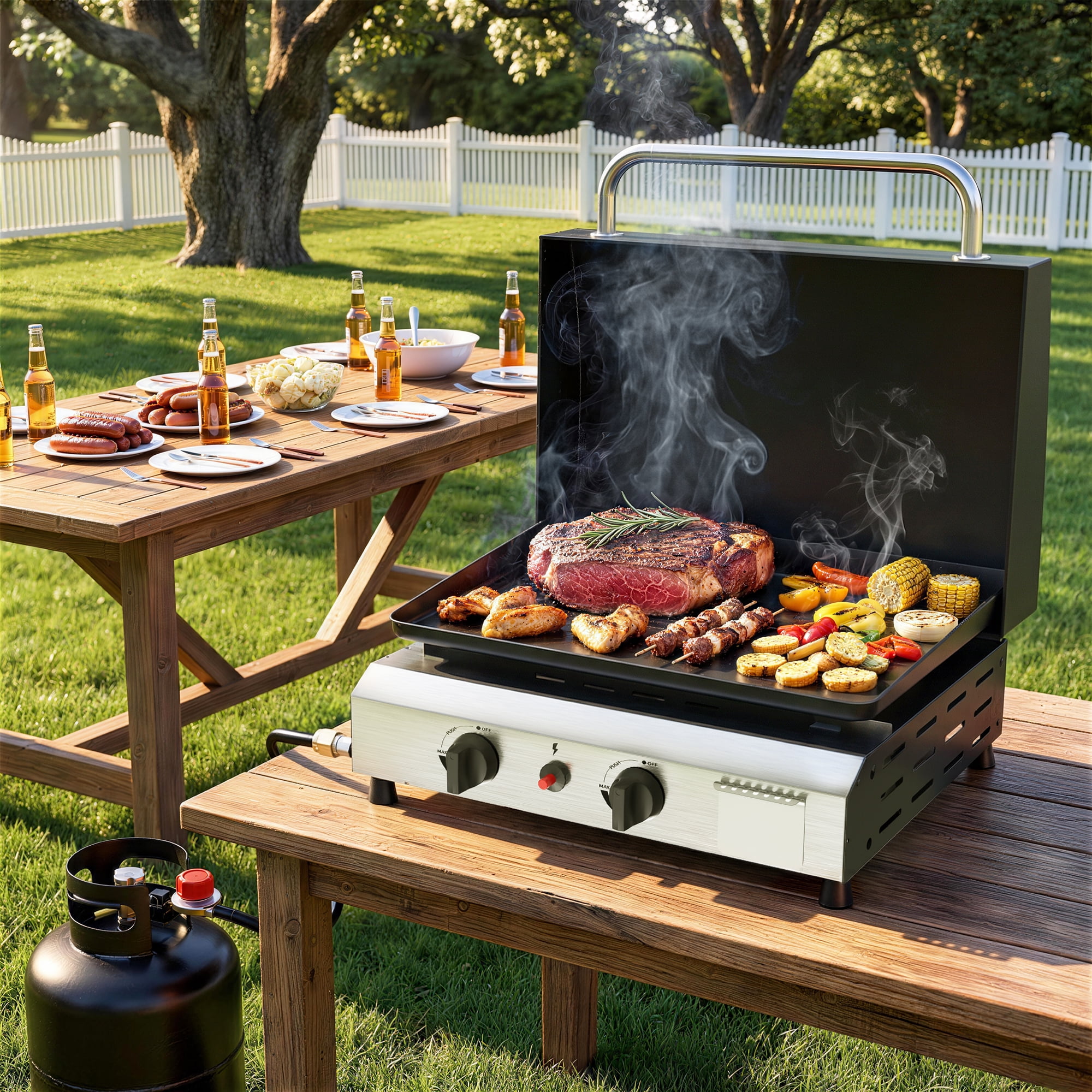 SKOK 17'' 2-Burner Portable Flat Top Gas Griddle with Hood, 30,000 BTU Outdoor Propane Griddle Station, 246 Sq. In. Cooking Surface for BBQ, Camping, Tailgating, Silver