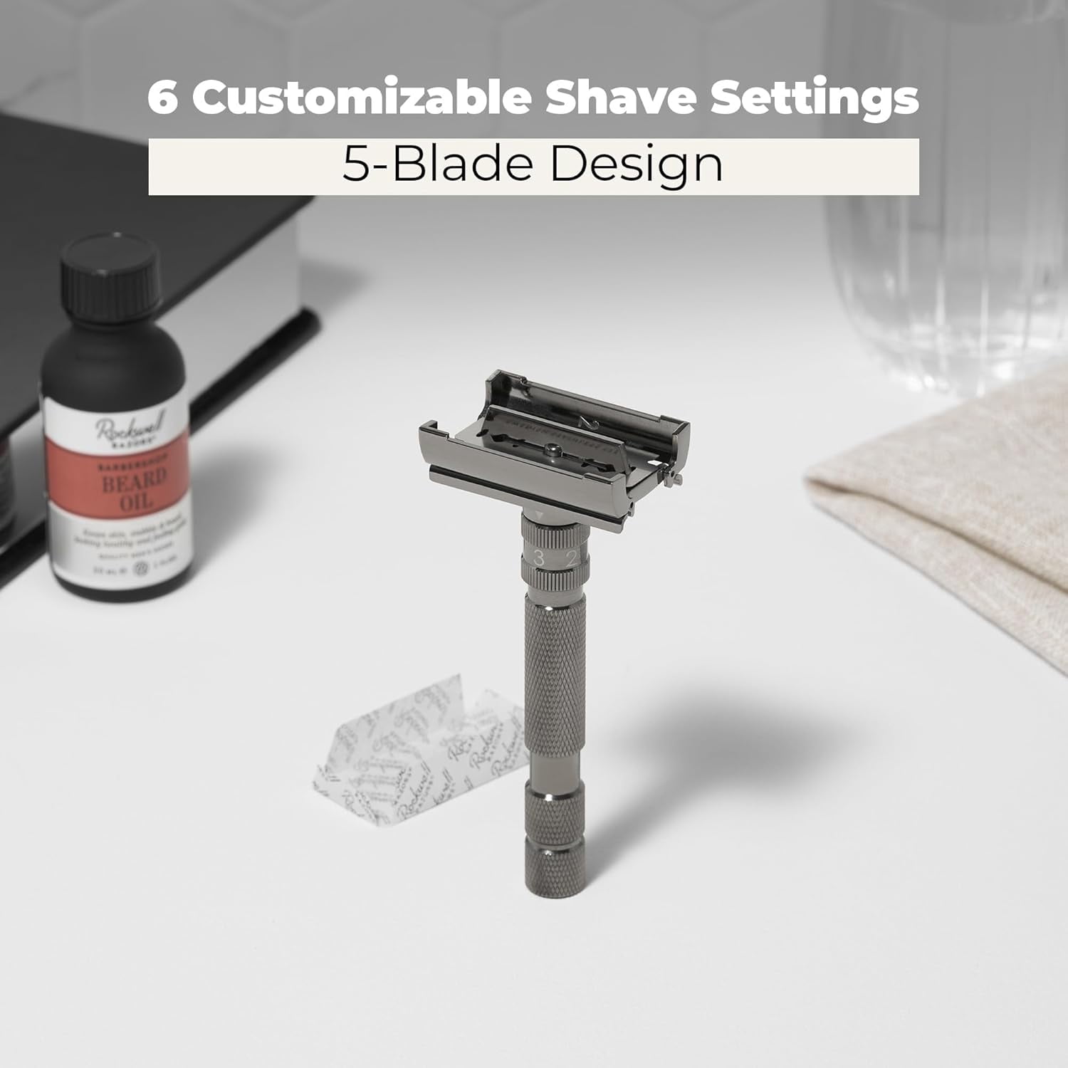 Rockwell Razors T2 Adjustable Safety Razor for Men with 5 Razor Blades, Gunmetal Chrome