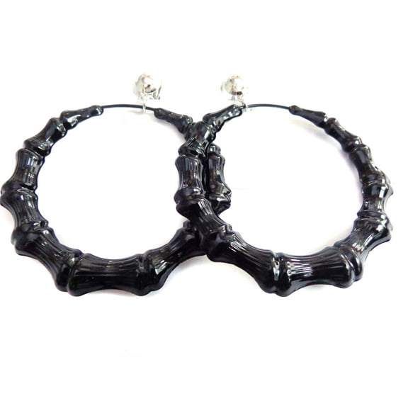 Large Clip-on Earrings Black Bamboo Hoop Earrings 3.5 inch Black Hoops