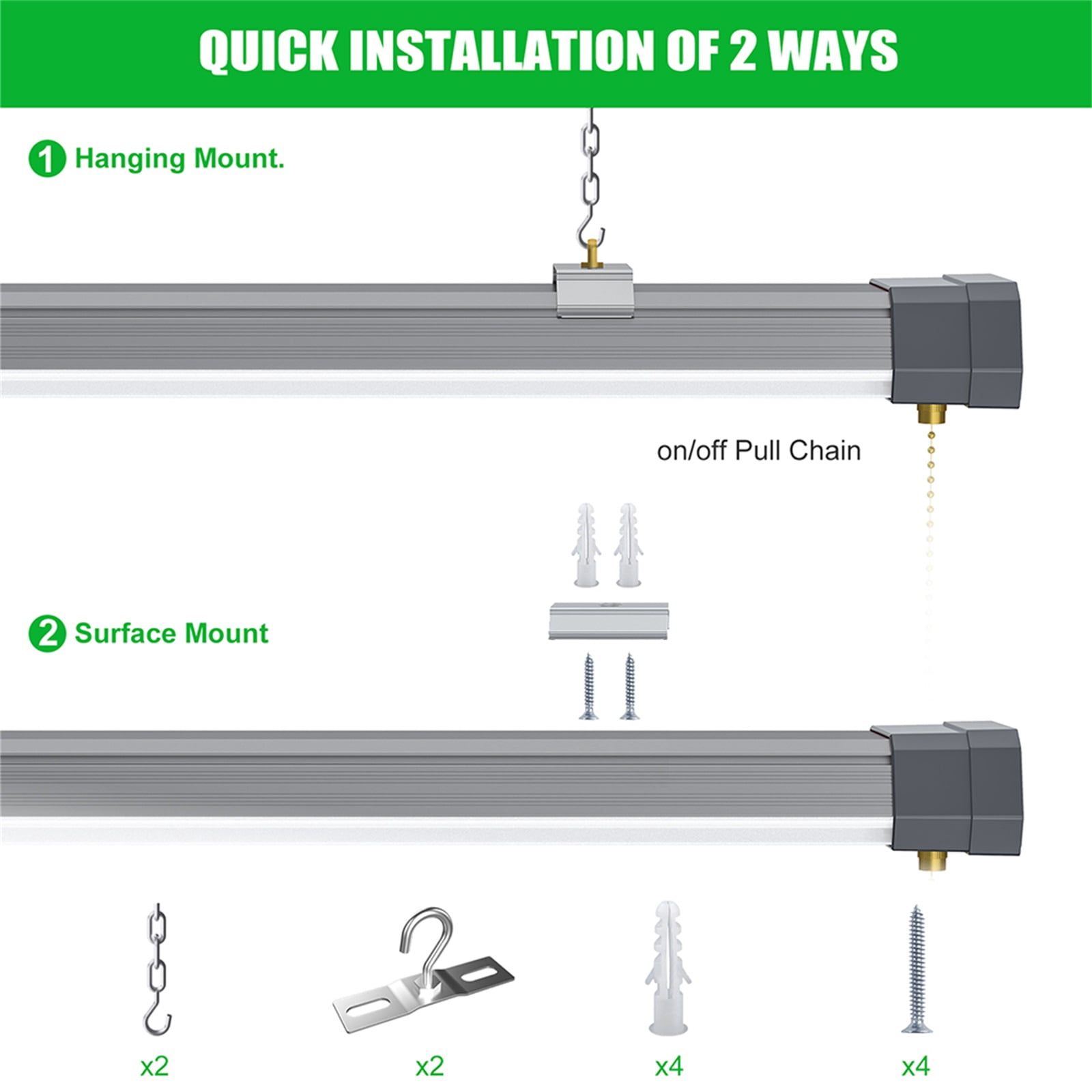 Chiuer Linkable LED Garage Shop Light 120W 15600LM 5000K 120V with On/Off Pull Chain--2 Pack