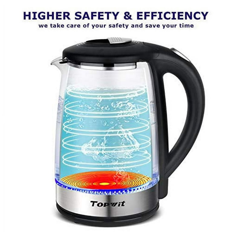 topwit electric kettle glass water heater boiler, 2l water warmer cordless  with led light, stainless steel lid & bottom, tea kettle with fast heating,  auto shut-off & boil dry protection, upgraded 