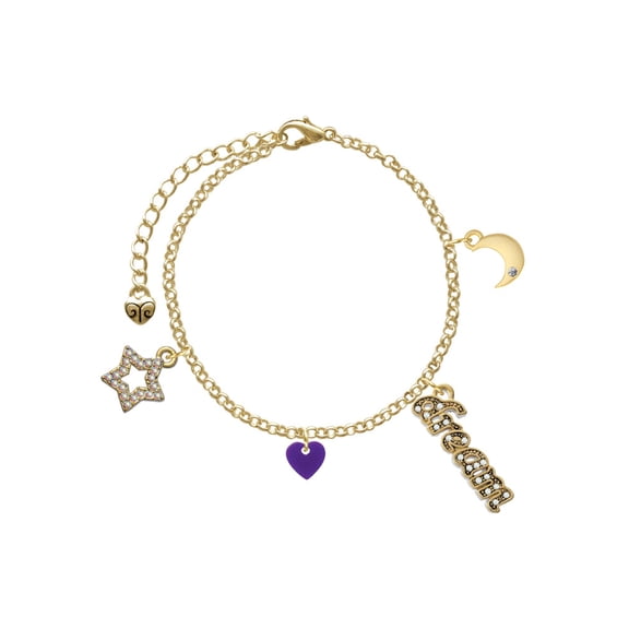 Delight Jewelry Acrylic 5/16" Purple Heart Goldtone Dream Big Charm Bracelet, 7.5 2" Extender