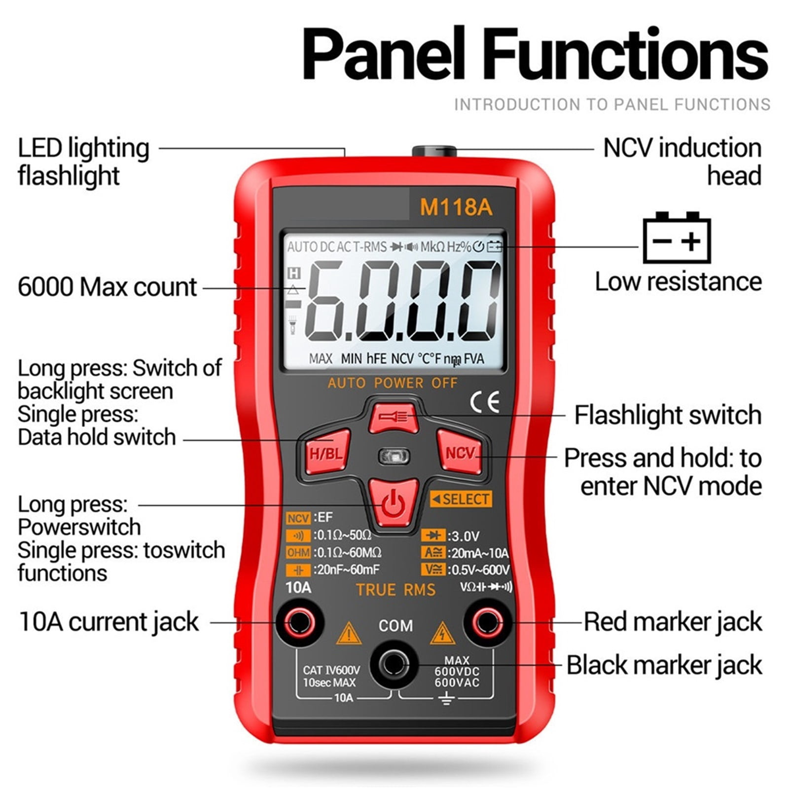 Digital Mini Multimeter Tester 6000counts Auto Mmultimetro True Rms Tranistor Meter With NCV Data Hold Flashlight ,Battery Test
