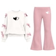 thumbnail image 2 of Spazoro Girls Outfit Set with Bow Decor, Heart Print Elastic Waist Flare Leg Crewneck Long Sleeve Trendy 2 Piece Sweatshirt and Pants Matching Outfits Beige Size 13-14, 2 of 6
