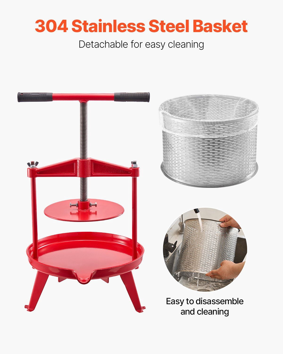 Manual Fruit Wine Press for Wine Making, 2.38 Gal/9L Stainless Steel Juice Extractor with Cast Iron Crossbeam, Large Capacity, T-Handle Spiral Press, Removable Basket, Ideal for Home, Farm, or Winery