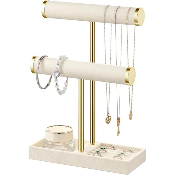 Januofit 2 Tier Bracelet Holder Display - Detachable T Bar Beige Velvet Bracelet Holder, Jewelry Holder Organizer for Bracelet, Necklace, Earrings, Rings
