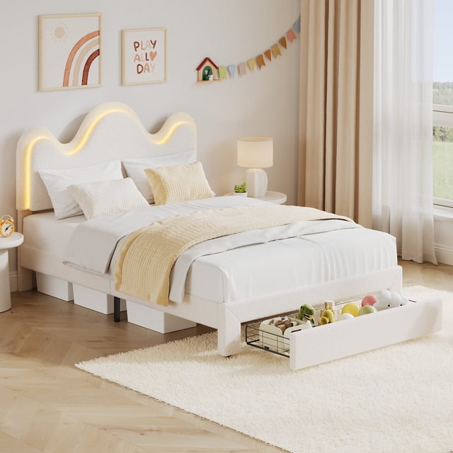 Princess Boucle Upholstered Bed Frame with LED Lights & Storage Drawer – Adjustable Headboard, Wood Slats, No Box Spring Needed – TWIN / FULL / QUEEN, Pink / White