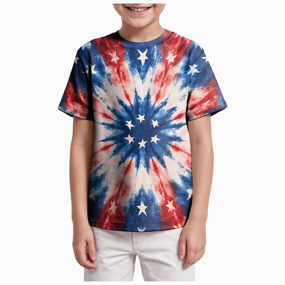 BOBOGOJP Kids Boys American Flag Shirts 4th of July T-Shirt Toddler Girls Cotton Patriotic Tops Tee Independence Clothes Blue for Size 6-7 Years