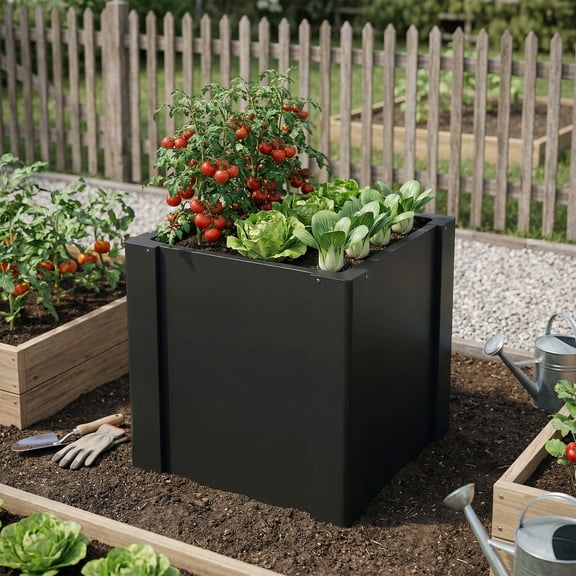 Outsunny Raised Garden Bed Galvanized Planter Box with Gloves for Gardening Vegetables, Flower, Herb, 1.4 x 1.4 x 1.5 ft, Black