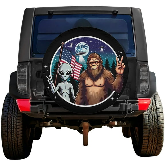 Lotusprinthandmade Bigfoot UFO America Flag Spare Tire Cover Without Backup Camera Hole 6 Sizes (27 in.), bigfoot lover gift