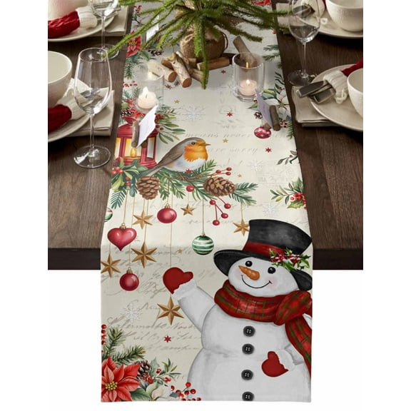 Christmas Dresser Scarf Farmhouse, Dining Table Decorations for Wedding/Parties, Snowman Xmas Tree Snowflake Winter Bird Poinsettia Table Runner 108 Inches Long for Kitchen Dining, 13 x 108 In