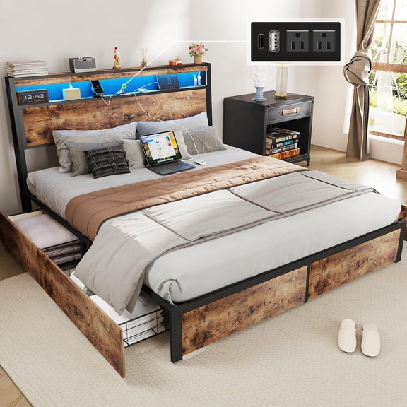 DRNANLIT King Bed Frame with Storage Headboard and 4 Drawers, Metal Platform Bed with LED Light, Charging Station, No Box Spring Needed, Easy Assembly, Vintage Brown