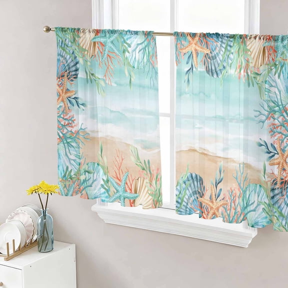 Ocean Coastal Sheer Curtains 54 Inch Length 2 Panels Set Window Treatments, Summer Nautical Beach Coral Starfish Rod Pocket Semi Curtains for Living Room/Bedroom/Kitchen Décor, 104"W x 54"L