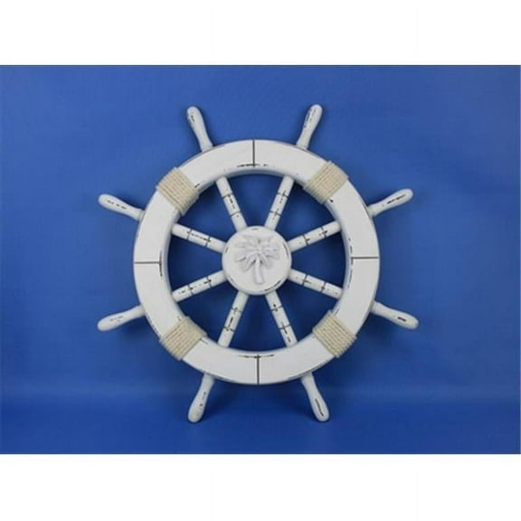 Handcrafted Model Ships Rustic-White-SW-Palm-Tree-18 Rustic White Ship Wheel With Palm Tree 18 in. Decorative Accent