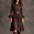 thumbnail image 2 of VEKDONE Women's Plaid Midi Dress Bell Sleeve Crewneck Knee Length Dress Casual Loose Fit Vintage Cowgirl Style Dress Fashion Clothes Multicolor XL, 2 of 9