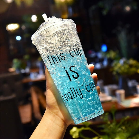 Double Wall Insulated Tumbler with Sliding Straw Lid - Gel Cooling Mug for Iced Beverages, Beach Days & Outdoor Activities​(Blue)