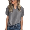thumbnail image 4 of SELONE Womens V Neck T Shirts Short Sleeve Blouses Loose Work Out Tops Solid Casual Clothes Dark Gray L, 4 of 9