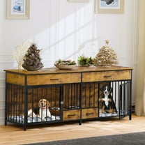 Dextrus Dog Crate Furniture TV Stand Large Breed with Dog Feeder, 74.8" Inch Wooden Decorative Dog Kennel Furniture Indoor Heavy Duty Dog Crate with Drawers, 2 Room Divider for 2 Medium Large Dogs