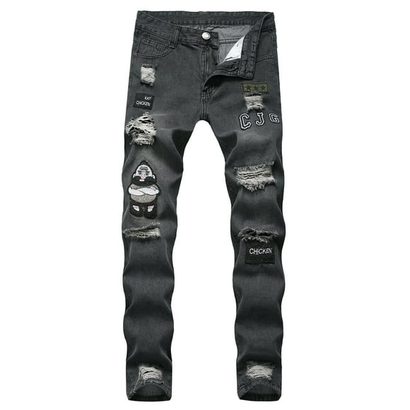 Fortune Men Ripped Skinny Jeans Frayed Destroyed Trousers Denim Pants S-3XL