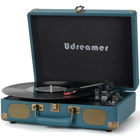 Condition photo showing New/Like New for Udreamer Vinyl Record Player 3-Speed Turntable with Bluetooth Suitcase Portable Vintage Audio Turntables Blue