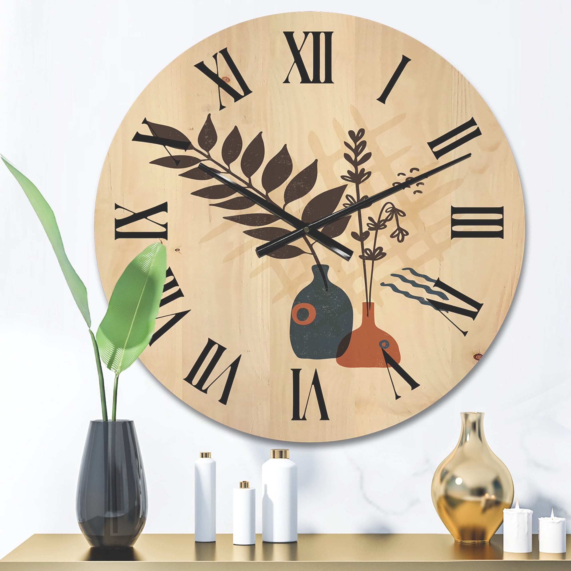 Designart 'Ancient Boho Art Minimalistic Flowers I' Modern Wood Wall Clock