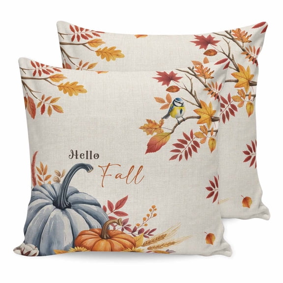 Pillow Covers 20x20 Set of 2, Orange Blue Hello Fall Throw Pillow Covers Decorative Couch Cushion Cover, Thanksgiving Pumpkin Maple Leaf Rustic Microfiber Soft Pillowcases for Bedroom Living Room