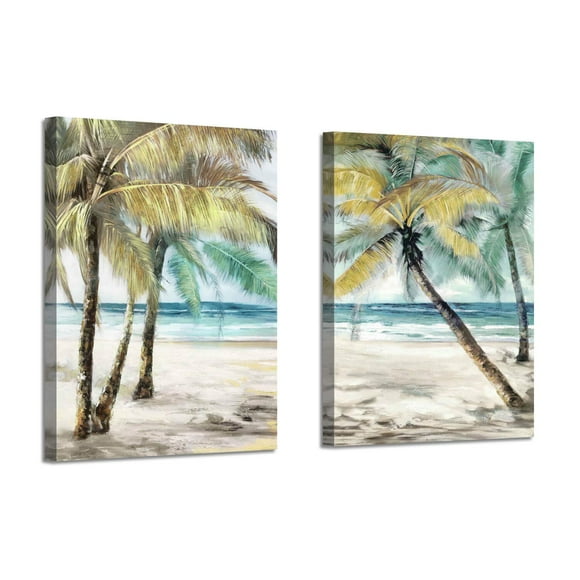 ARTISTIC PATH Beach Palm Trees Wall Art: Abstract Coastal Seascape Artwork Print on Canvas Pictures for Living Room (18" W x 24" H x 2 Pcs,Multi-Sized)