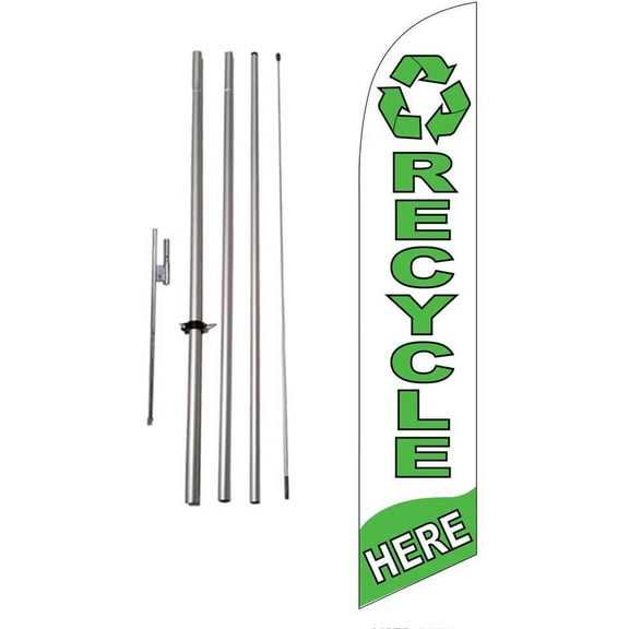 Recycle Here 15 foot Feather Banner Swooper Flag Kit Sign with Pole and Ground Stake