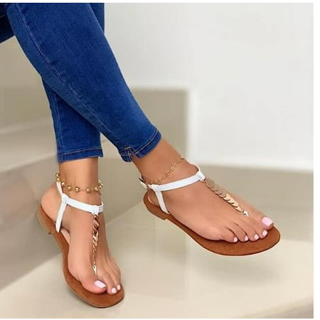 

T-Strap Flat Sandals Rhinestone Dress Sandal with Ankle Strap Open Toe Flat Thong Sandals
