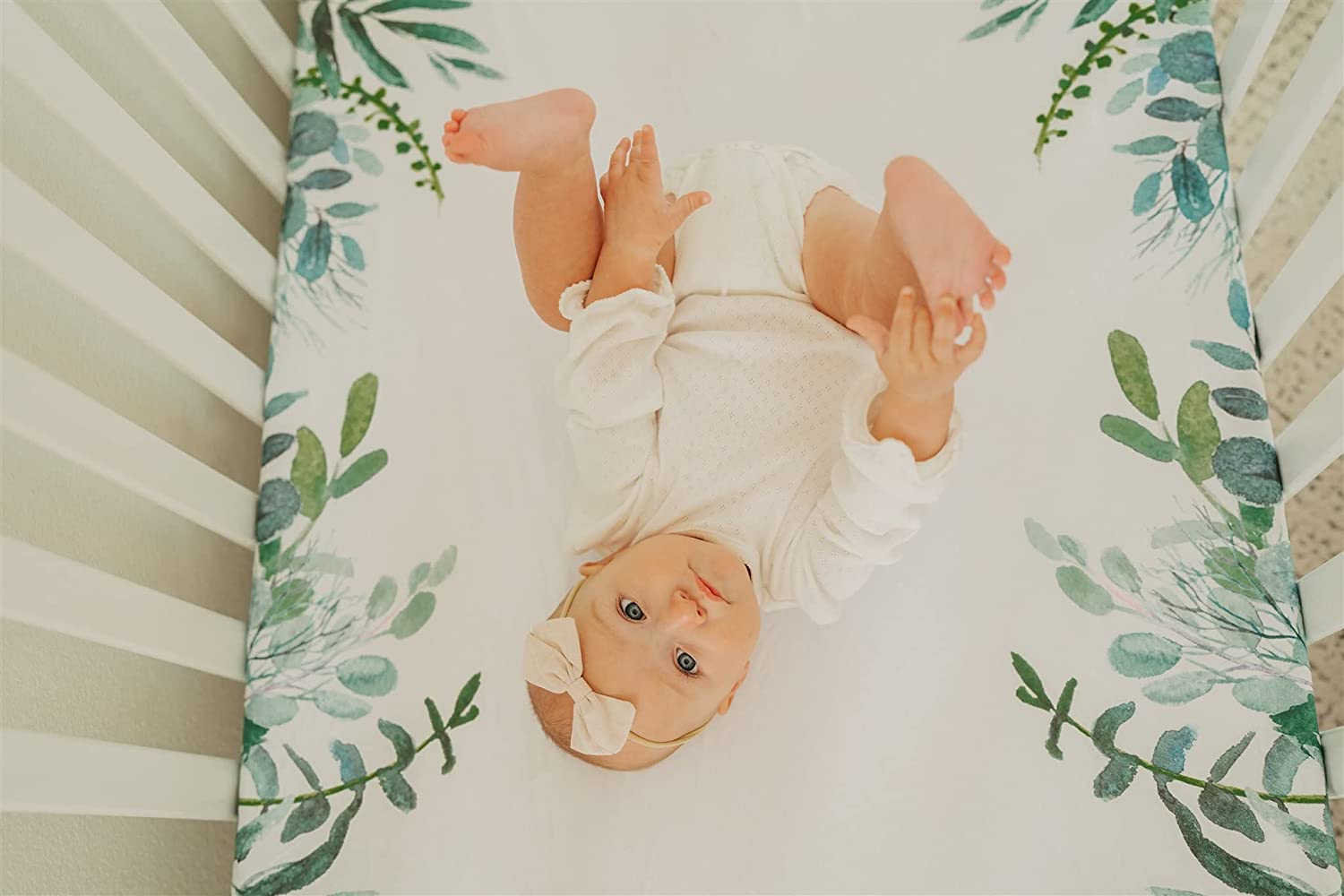 NODNAL CO. Green Leafy Cotton Crib Fitted Sheet Set, 100% OEKO-TEX Cotton, 3 Pieces, for Baby Girl or Boy Infant/Toddler Nursery Bedding, Gender Neutral Leafs, Greenery, Floral Eucalyptus