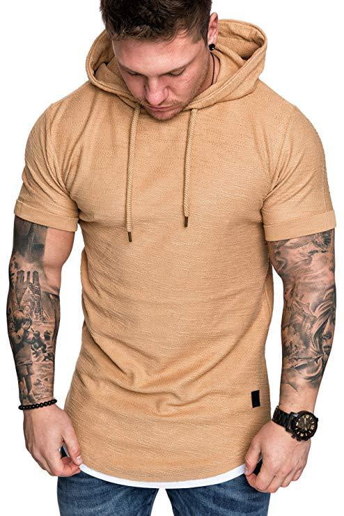 A Mens Muscle Athletic Hoodies T-Shirts Fashion Short Sleeve Sport Sweatshirt Hipster Hip Hop Pullover Gym Workout Tops