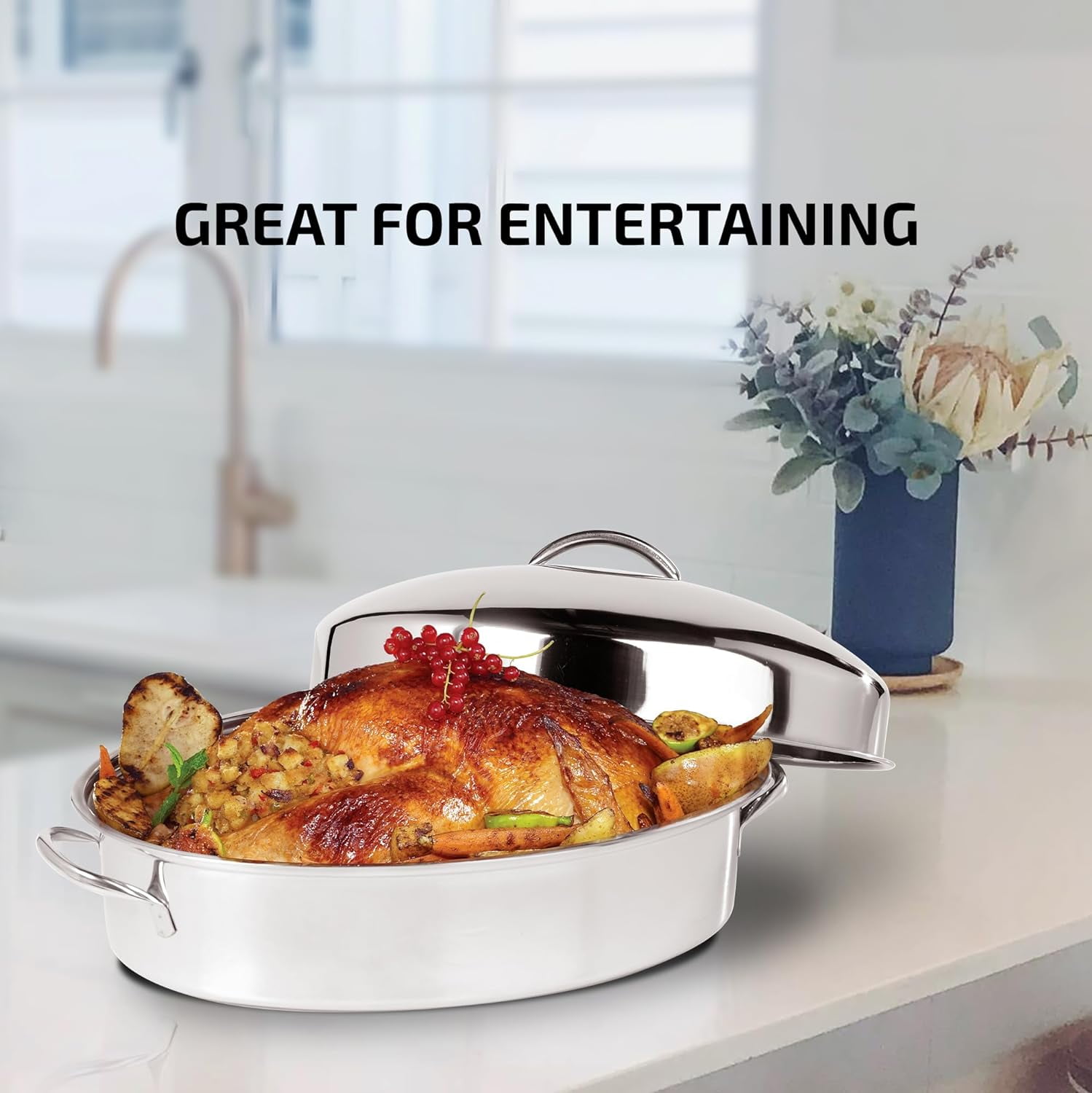 16 Inch Stainless Steel Roasting Pan with Lid Rack Oven Cooking and Grilling in Nepal at NPR 6653 Rating 5