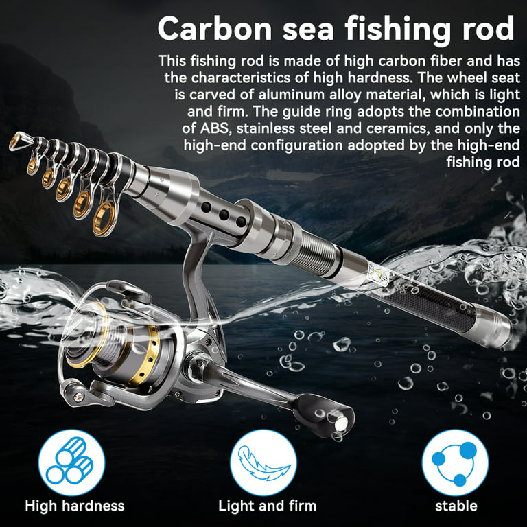Carbon Fiber Telescopic Fishing Pole + Reel Combo Sea Travel Lure Line &  Bag Kit