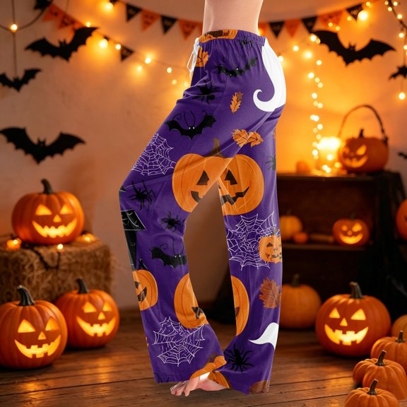 Pajama Pants for Women Halloween Pumpkin Print Soft Stretch Drawstring Casual Sleep Bottoms