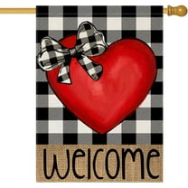 Welcome Love Hearts House Flags for Outdoor Decoration, Valentines Love Hearts with Buffalo Plaid Large Yard Flag, Decorative Anniversary Wedding Seasonal Farmhouse Holiday Outside Decor 28x40 Inch
