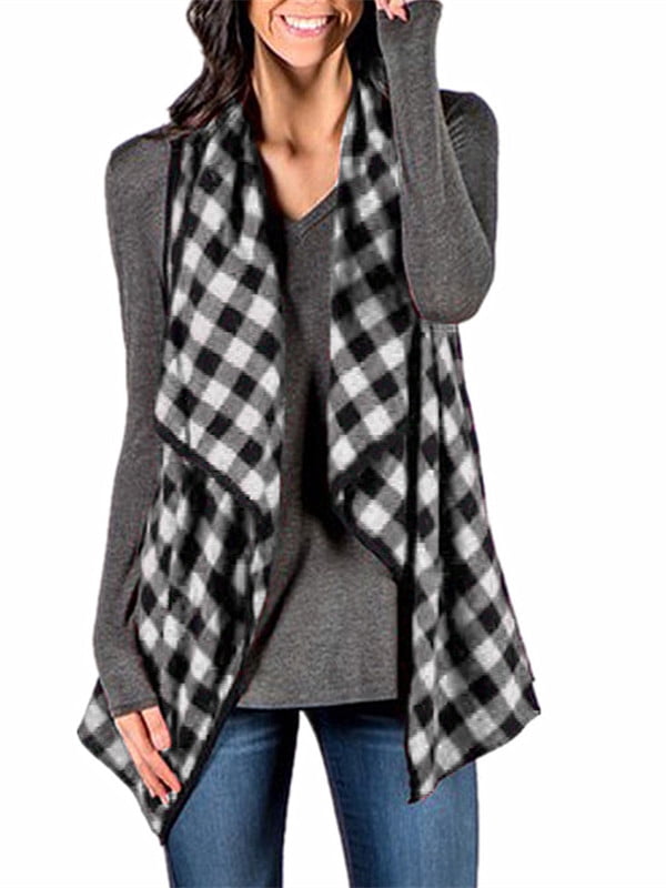 RNTOP Women Ladies Fashion Plaid Open Front Sleeveless Vest Cardigan Tunic Coat Pockets