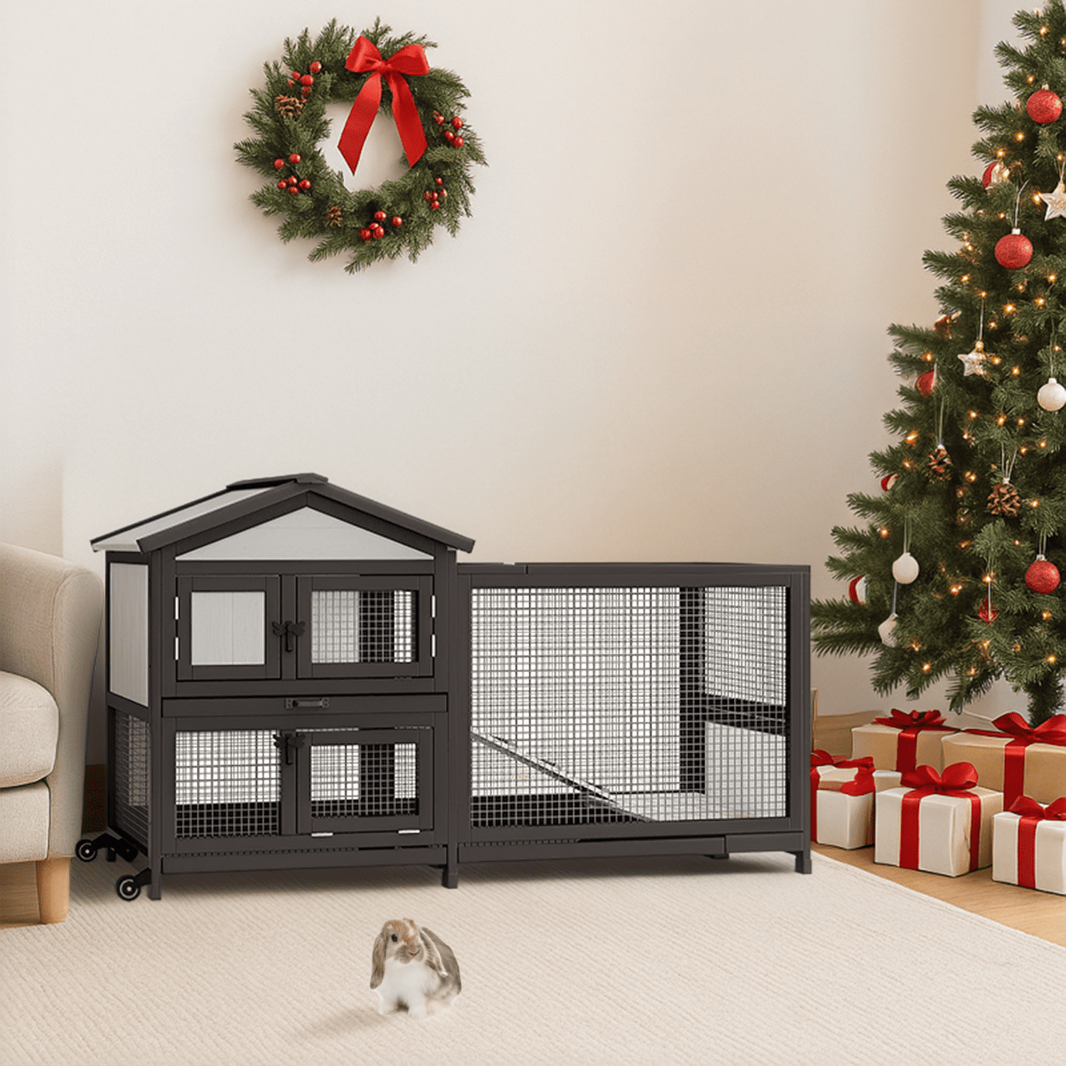 Large Rabbit Hutch Indoor Outdoor Chicken Coop Wooden Bunny Cage with Waterproof Roof