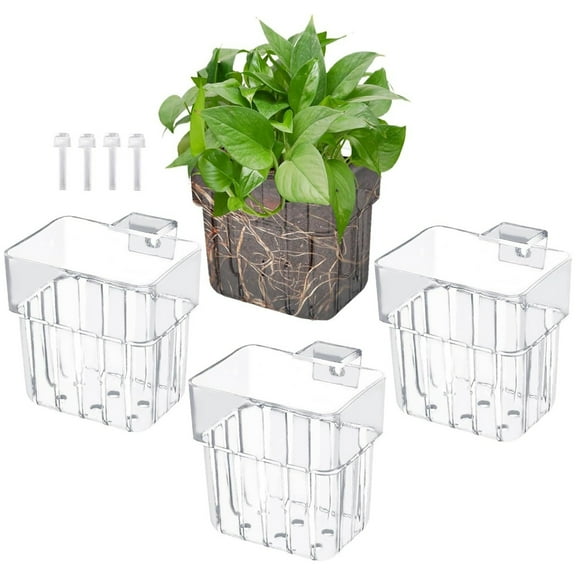 4 Pcs Clear Aquarium Plant Holder with Hooks Topboutique Top Aquarium Plant Pots Hanging Fish Tank Plant Cup with Hole for Aquaponic Cultivation Water Feature Decoration