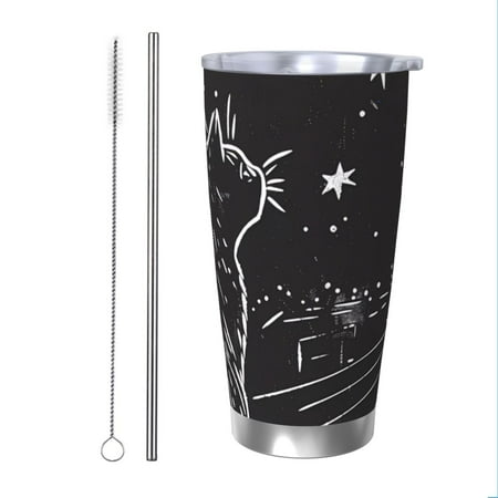 

Cauagu Star Gazing Cat Illustration Pattern 20oz Tumbler Stainless Steel Vacuum Insulated Tumbler with Lid Insulated Coffee Mug Thermal Cup with Splash Proof Sliding Lid-Straw Two-piece Set