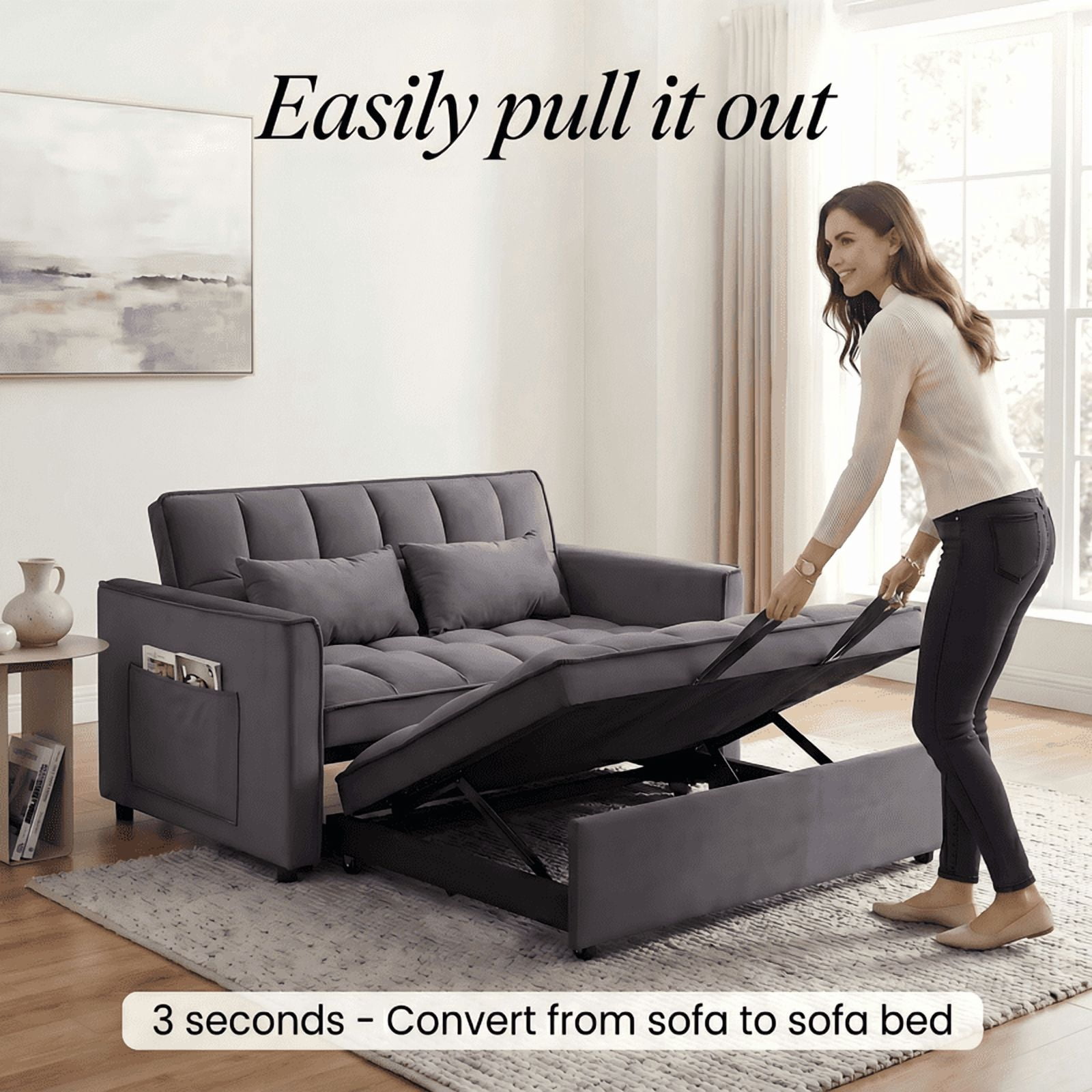 Gewnee 53 inch Convertible Sleeper Sofa Bed,Pull Out Loveseat Couch with Storage Pocket for Living Room,Apartment,Black02