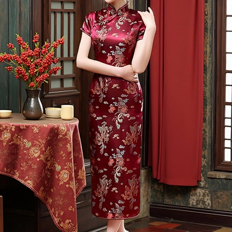 gcong Cheongsam Dress for Women Qipao Slim Fit Short Sleeve