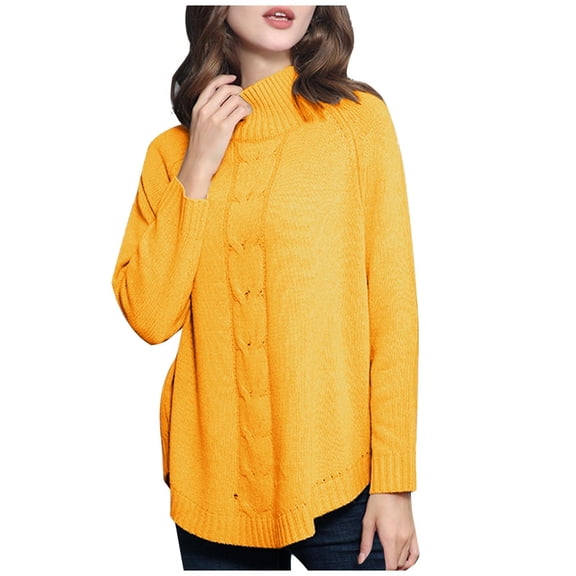 Women's Turtleneck Sweaters Long Sleeve Solid Chunky Cable Knit Sweater Casual Soft Loose Fit Pullover Jumper Tops Ladies Clothes