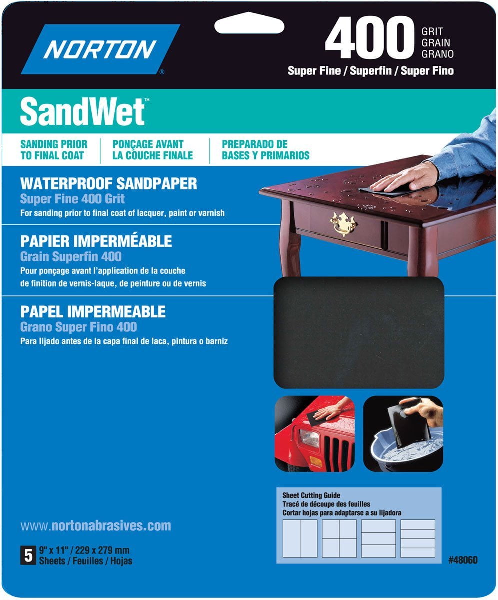 Norton 48060 Sandwet Sandpaper 400 Grit, 9-Inch x 11-Inch, 5-Pack, Flexible, fiber-reinforced backing By Symantec by