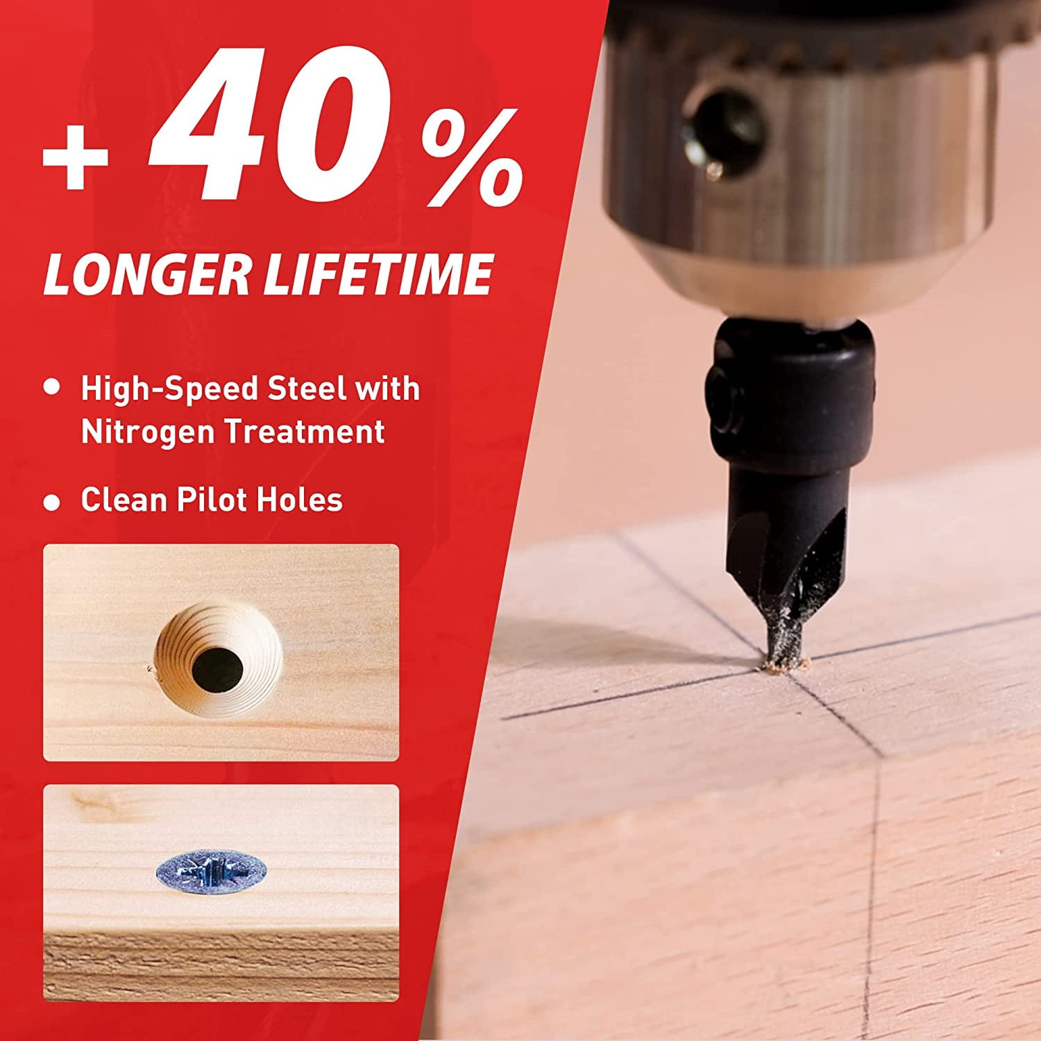 EZARC Wood Countersink Drill Bit Set, 4, 6, 8, 10, 12 Tapered Drill Bits, with 1/4" Hex Shank, Counter Sinker Set for Woodworking and Carpentry
