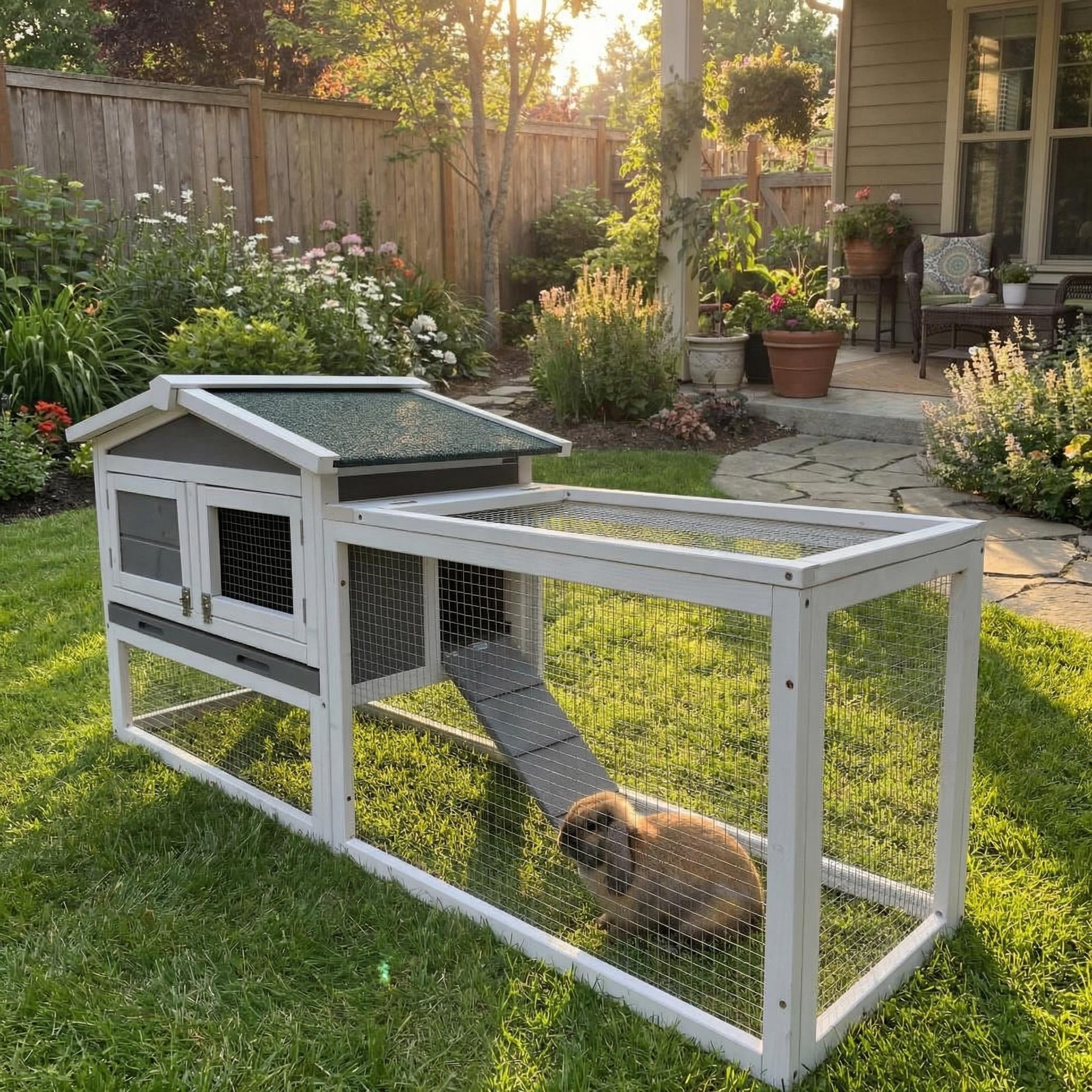 Rabbit Hutch Indoor and Outdoor, Wooden 60in 2-Story Rabbit Bunny Cage with Removable Wire Netting and Leak Proof Tray Anti-Chew Metal Frame Ramp for Small Animals, Weatherproof (Grey)