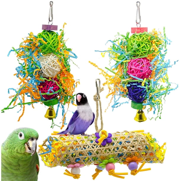 ER Paquete de 3 juguetes para pájaros, juguetes para masticar, decoración de jaula para mascotas con campana para periquitos, cacatúas, estorninos, guacamayos y otros animales pequeños. Excelente Rendimiento