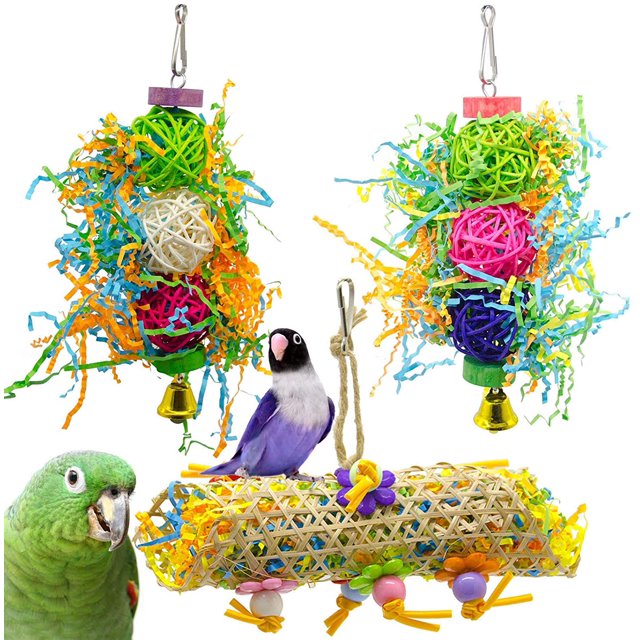 3 piezas de juguetes para pájaros, juguetes para masticar, decoración de jaula de animales con campana para periquitos, cacatúas, estorninos, guacamayos y otros animales pequeños Rojo Verde