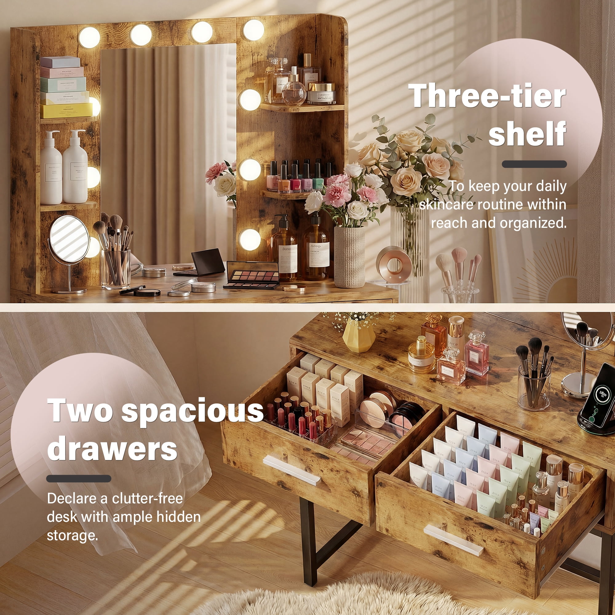 Homall Vanity Desk with Mirror, Power Outlet & LED Lights, Makeup Vanity Table with 2 Drawers & 4 Shelves, Dressing Table for Bedroom Dressing Room, Brown